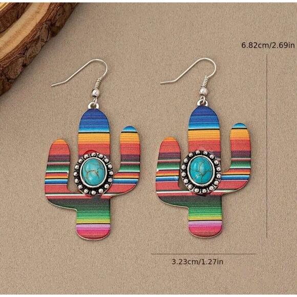 Earrings Serape Cactus Turquoise Stone Fishhook Western Boho Fashion Jewelry - Picture 2 of 5